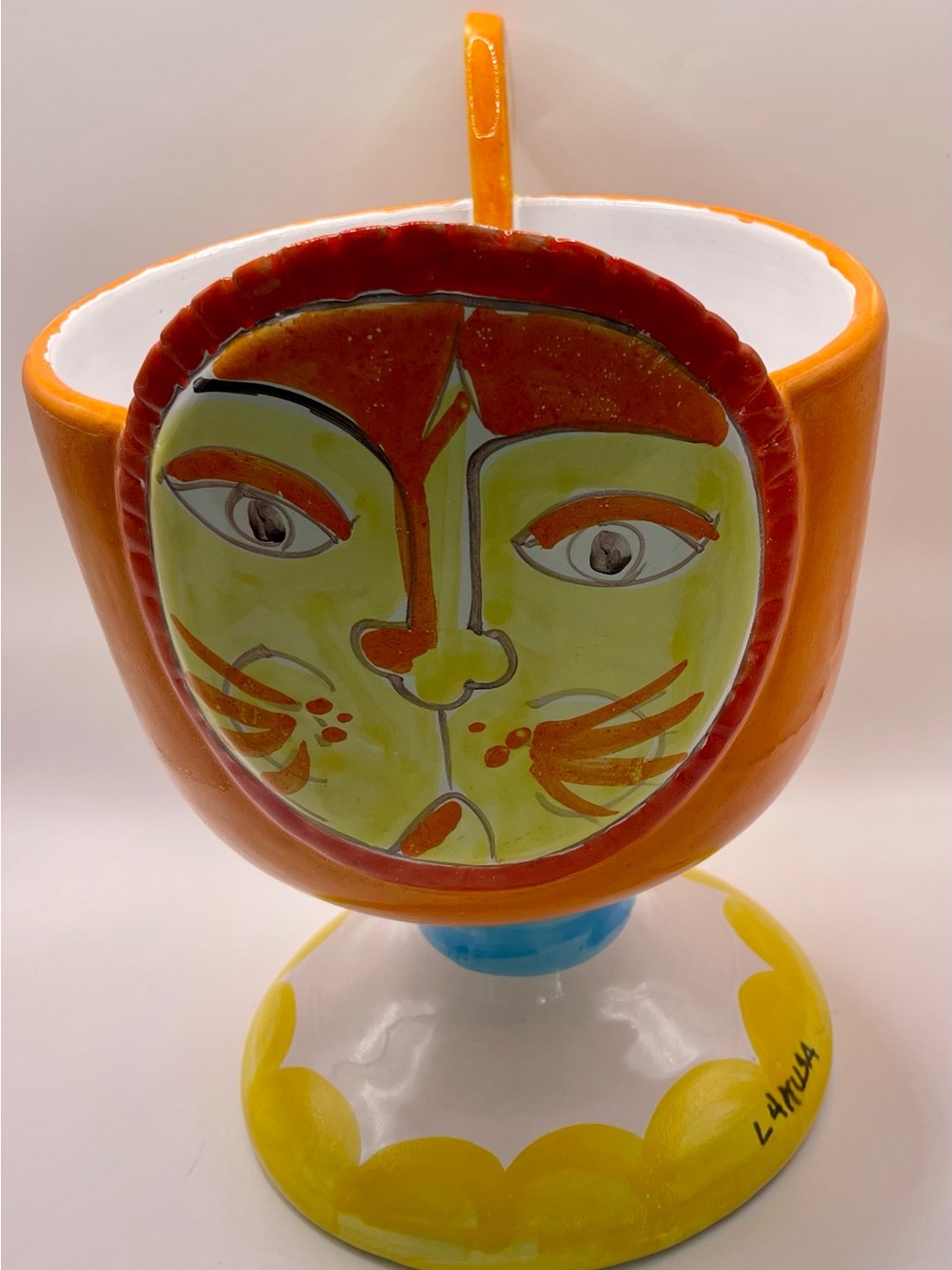 SIGNED La Musa Italy Art Pottery Face Pedestal Planter Vase DeSimone Style Vtg